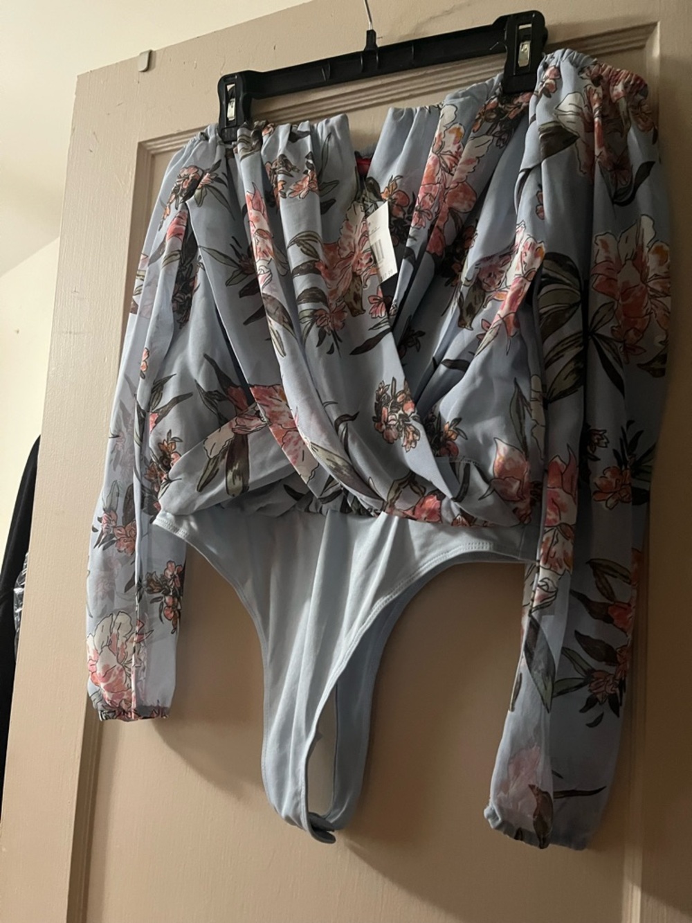 Guess Light Blue Floral Wrap-Front Long-Sleeve Bodysuit